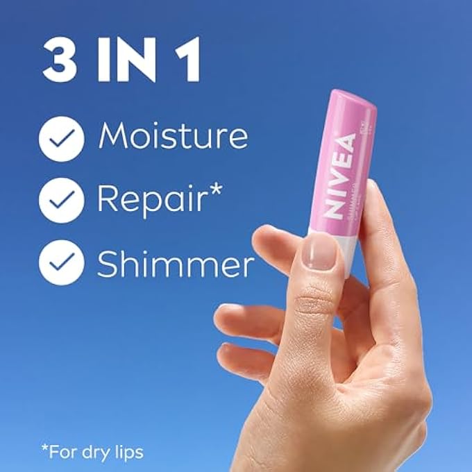 Nivea SHIMMER LIP CARE, SHIMMER LIP BALM WITH SHEA BUTTER, NOURISHING OILS AND VITAMIN C & E, 3-IN-1 MOISTURE, REPAIR (FOR DRY LIPS) AND SHIMMER, 0.17 OZ STICK - Image 2